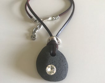 Stone necklace with Swarovski crystal, Lava stone leather necklace crystal, glam rock necklace, Boho glam rock necklace, volcanic stone