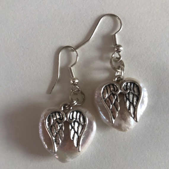 Hanging angel wing earrings, angel wings on mother of pearl heart earrings with hook ear wires,  angel wing earrings guardian angel earrings