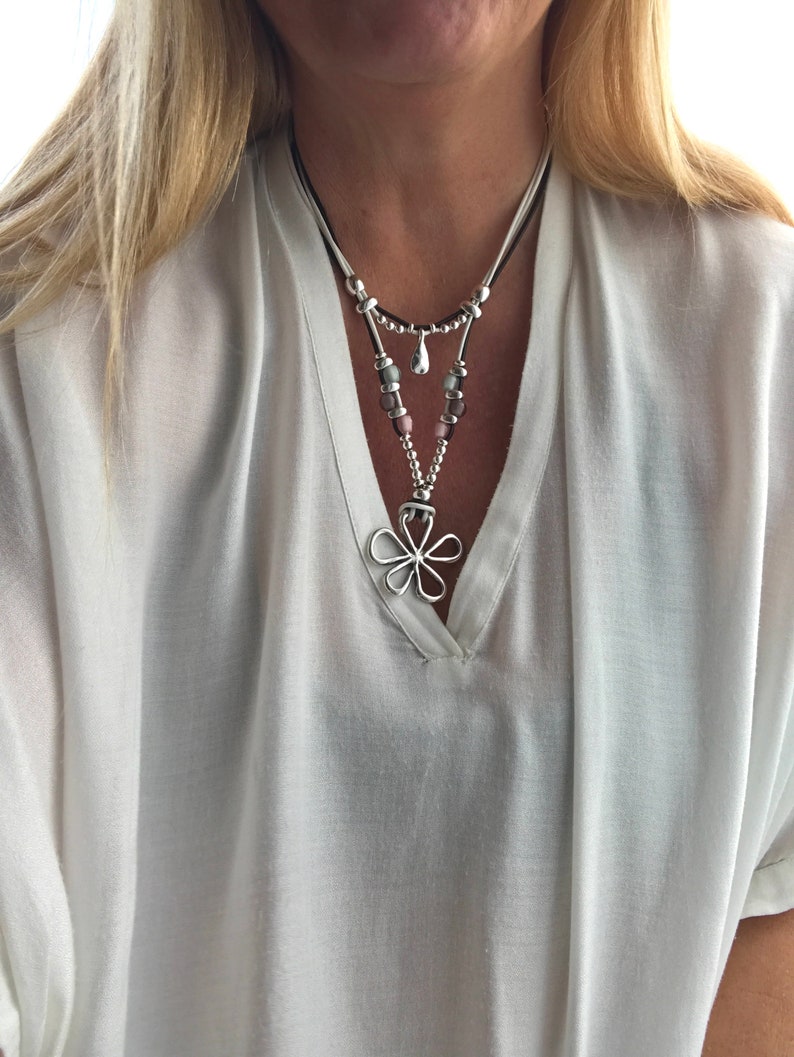 floral necklace for her gift idea flower pendant pendant necklace Boho style unode50 style Statement piece double leather necklace
