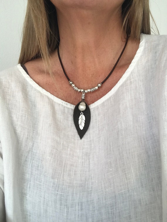 leather necklace leather drop  pendant, genuine leather pendant drop, laser cut leather pendant necklace large heart pendant Boho Style