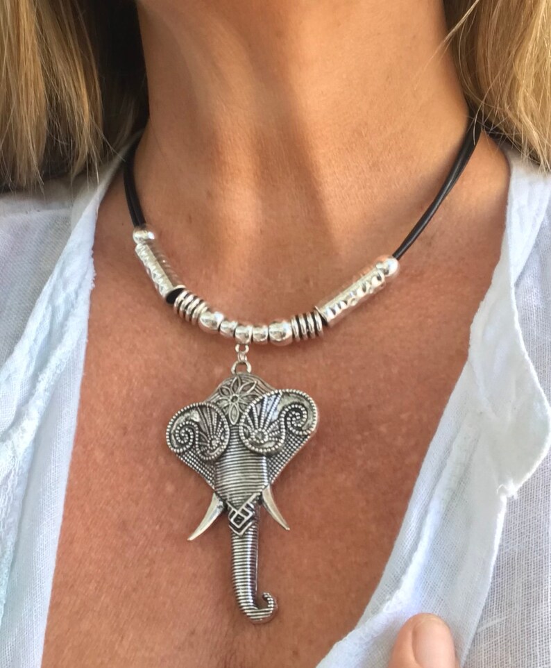 safari lovers gift idea for her leather choker elephant necklace every day necklace,Statement unode50 style pendant leather necklace