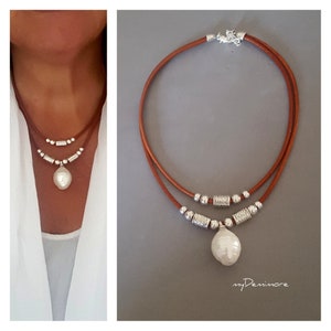 double strand leather necklace with pearl drop pendant, simple beaded leather and pearl necklace, girlfriends gift, unode50 Style necklace