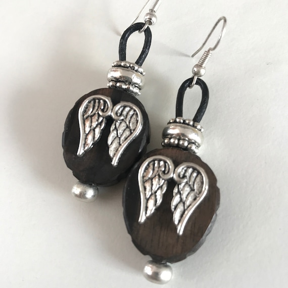 Hanging angel wing earrings, angel wings on seed pod earrings, earrings with hook ear wires,  angel wing earrings guardian angel earrings