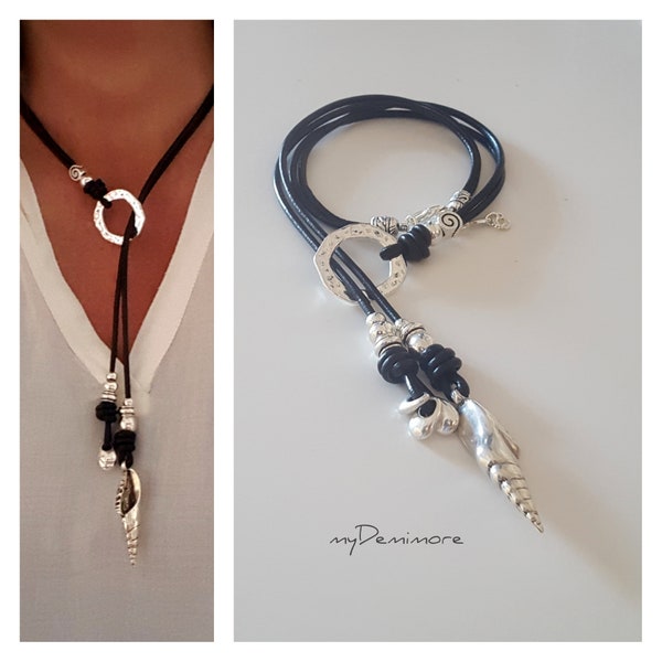 woman leather, Y necklace, Zamak. shell pendant necklace, leather woman endless Ring statement necklace, gift idea, Boho, leather choker