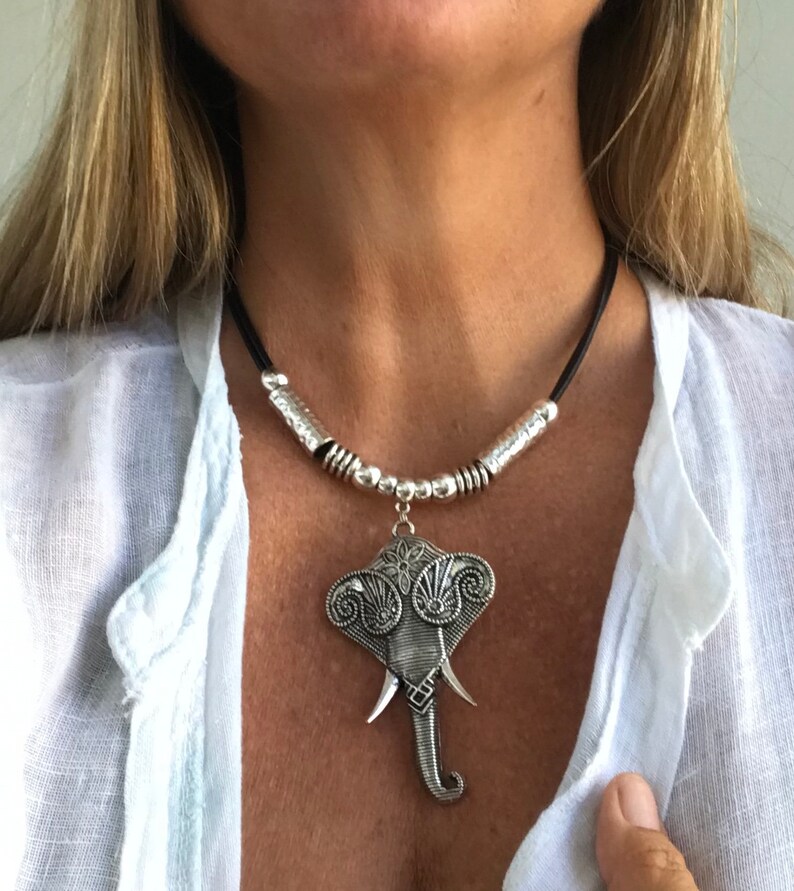 safari lovers gift idea for her leather choker elephant necklace every day necklace,Statement unode50 style pendant leather necklace