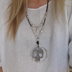 layered Leather Necklace with Skull in Ring Pendant, Hippie Skull Statement Pendant Necklace, womans multi strand leather necklace skull