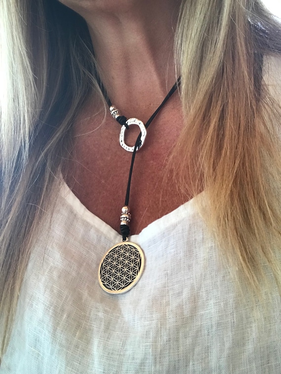 woman leather, Y necklace, endless Rings pendant necklace, flower of life, leather Choker, gift idea, spiritual, flower of life, Y choker