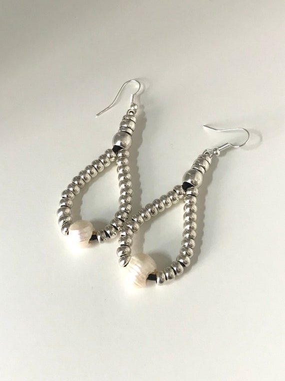 Hook earrings, beaded drop,  metal bead earrings, gift for her, pearl, fashion jewellry, drop, gift idea for her, leather drop, pearl