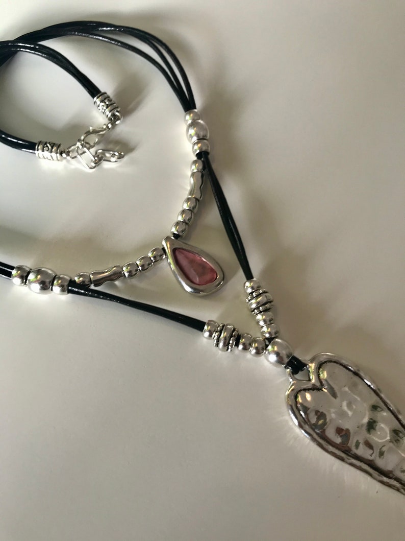 Heart pendant leather necklace double strand heart love Etsy
