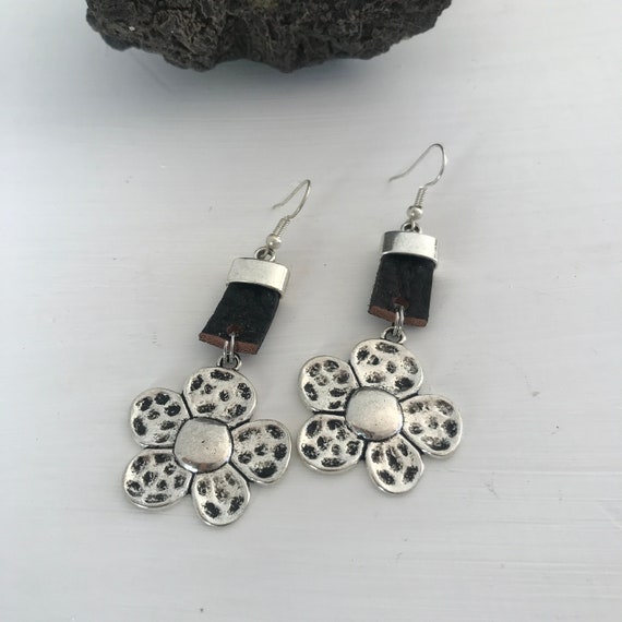 handmade leather floral earrings, dangle leather flower hook earrings, Boho style earrings, unode50 style, love heart gift idea for her