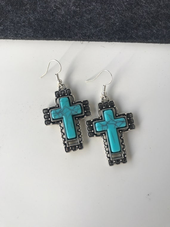 Hanging women's earrings with a turquoise cross, set turquoise cross ear hooks Boho style cross earrings hanging for women, gift.