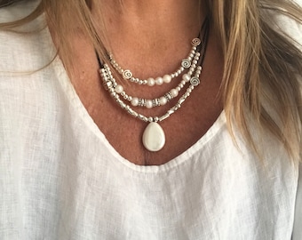 Multi-strand layered leather necklace, statement beaded leather necklace, elegant women leather necklace with beads and drop pearl pendant