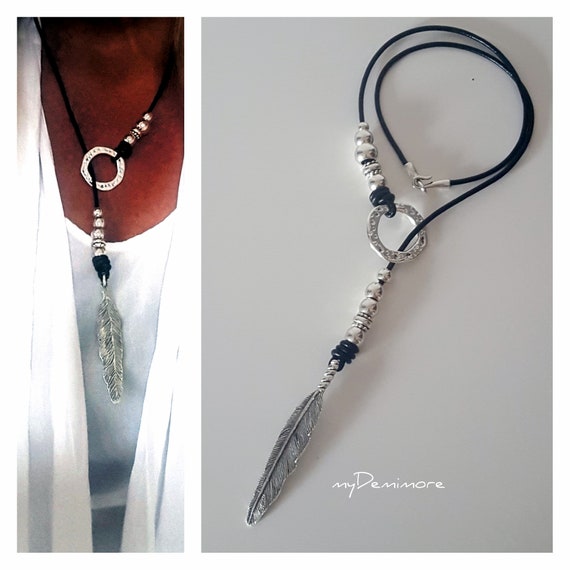woman leather, Y necklace, feather pendant necklace, Boho feather necklace, loop choker, lasso choker, gift idea