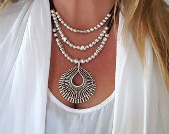 multi strand woman leather necklace, beaded necklace, drop pendant, gift idea, for her, Statement beaded necklace, unode50 Style, Eternity