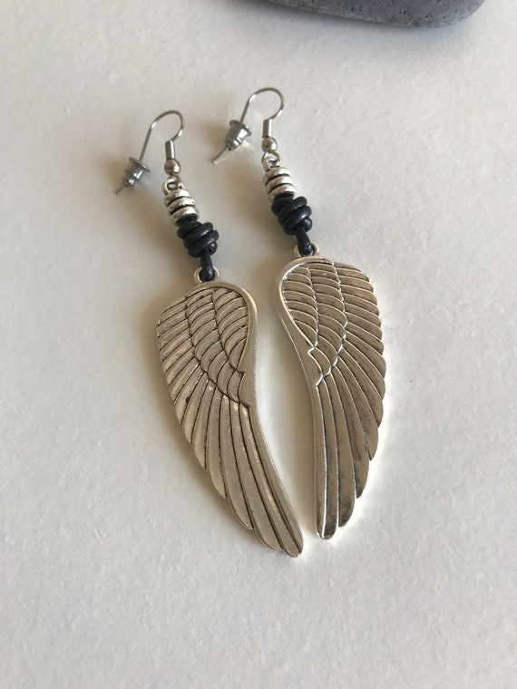 Angel Wings dangle leather Hook earrings, Angel wings dangle woman hook earrings, gift for her, Wings hook earrings, woman holiday gift idea