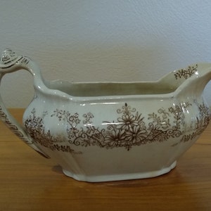 Vintage Ironstone China Porcelain Creamer Gravy Boat Cream White Brown Flowered EM&C Geneva