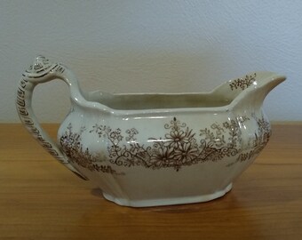 Vintage Ironstone China Porcelain Creamer Gravy Boat Cream White Brown Flowered EM&C Geneva