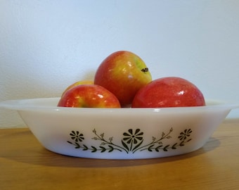 Vintage Glasbake Milk Glass Divided Vegetable Serving Bowl Cream White Green Flowers Glassware Pyrex