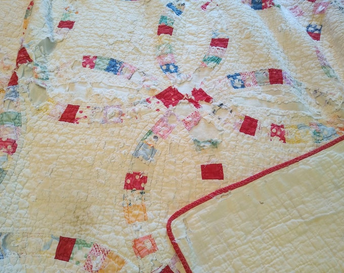 Vintage Wedding Ring Quilt Red White Cotton Blue Green Multi Color