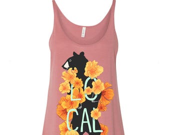 Floral California Local State Bear Poppy Flower Rose Pink Women's Girl's Summer Cali Love Botanical Tank Top by California Limited