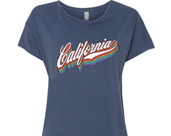 California Rainbow West Coast Navy Blue Women's Tee Shirt Calligraphy Vintage Graphic Print Multicolored Summer Cali Top