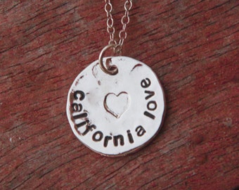 Silver California Love Hammered Round Heart Pendant Chain Necklace Cali Girl Beach West Coast Locally Made by California Limited