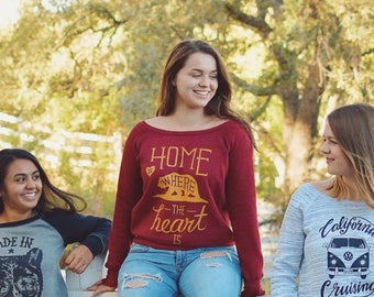 Home is Where the Heart is quotes State animal love Dolman wide neck Gray Maroon Sweater - Made in California by California Limited