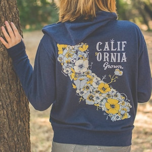 Navy California Grown State Outline Poppy Flower Floral Women's Pullover Hoodie Sweatshirt - Made in California by California Limited