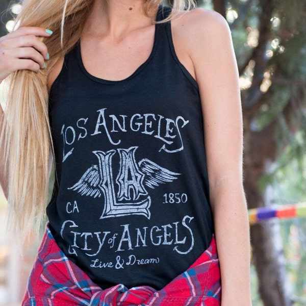 Los Angeles City of Angels LA Hollywood Live and Dream Wings Women's Girl's Black Racerback Tank - Made in California by California Limited