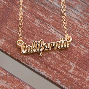 California Script Gold Double Chain Pendant Necklace Cali Girl Jewelry Made Locally be California Limited