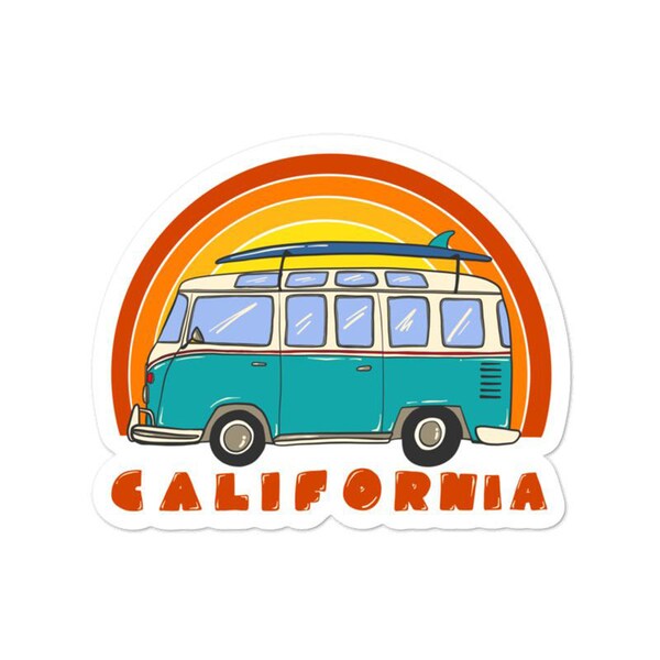 California Surf Rainbow Van Sticker West Coast Camper Trip Decal Made in California Decals Window Laptop Car Van California Travel Gift