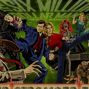 Six Million Dollar Man and Bionic Woman Poster with Max Battling Fembots, Bigfoot, Maskatron, Death Probe, Alex and Lisa Galloway.