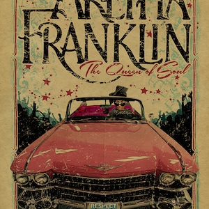 Póster de Aretha Franklin. La Reina del Soul. Música. Papel kraft. Impresión artística. Detroit. Cadillac rosa. Rock and Roll. Blues. Salón de la Fama.