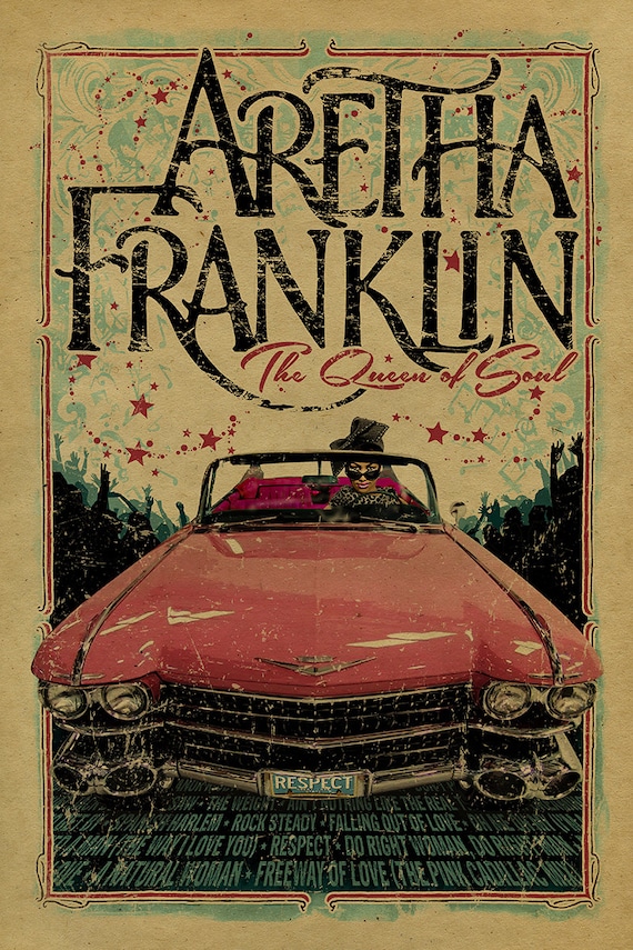 Aretha Franklin Poster. The Queen of Soul.  Music. Kraft paper. Art. Print. Detroit. Pink Cadillac. Rock and Roll. Blues. Hall of Fame.