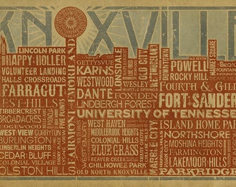 Knoxville Skyline Typography Poster. 12x18. Kraft paper. TN. Tennessee. Downtown. Art. Print