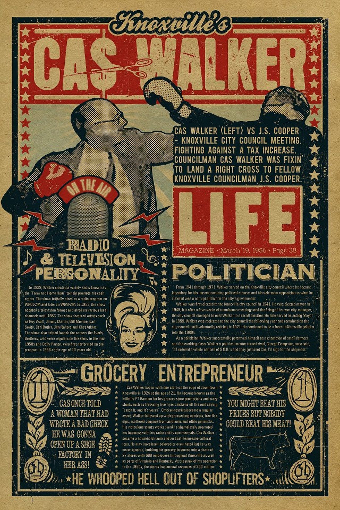 Knoxville's Cas Walker Poster. 12x18. Kraft Paper. Knoxville. Tennessee