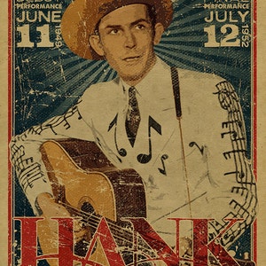 Póster de Hank Williams Sr. Grand Ole Opry. Auditorio Ryman. 12 x 18. Música country. Papel kraft. Nashville. Arte. Knoxville. Tennessee.