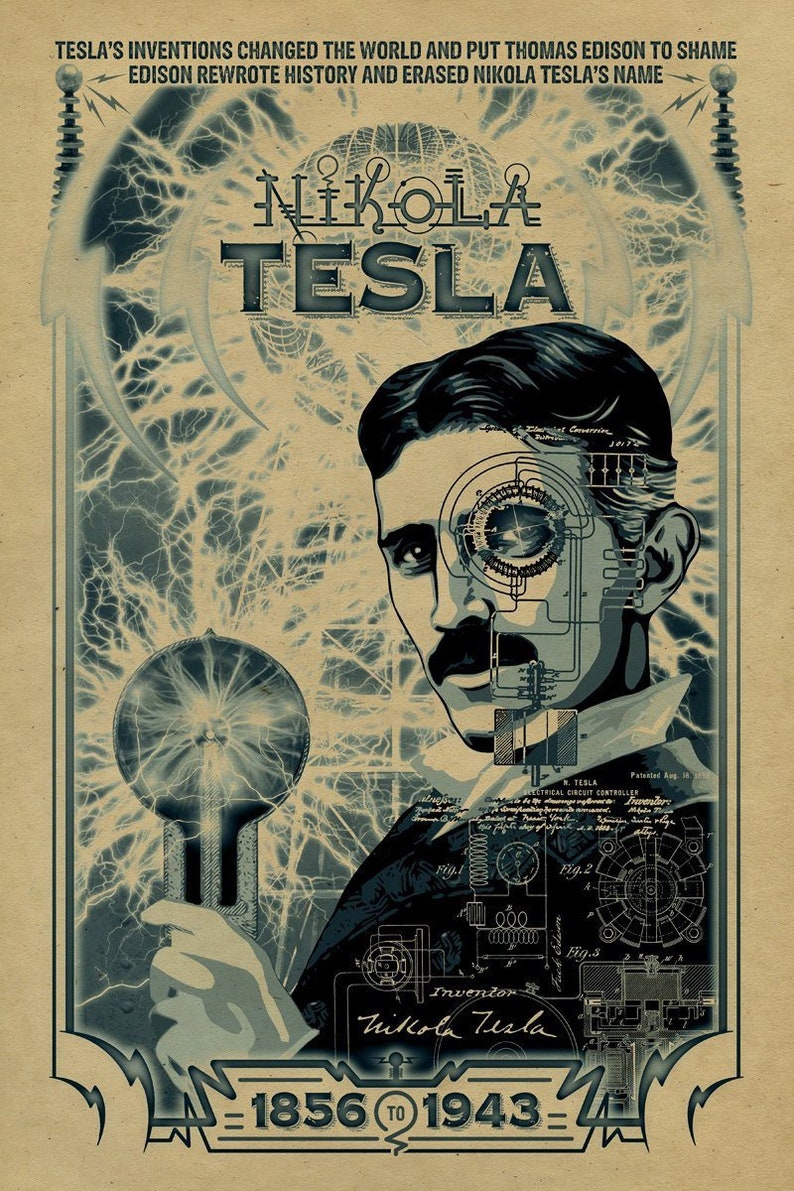 Nikola Tesla poster. 12x18. Inventor. Thomas Edison. Historical art. ac/dc. Kraft paper. Knoxville. Tennessee. Art. image 1