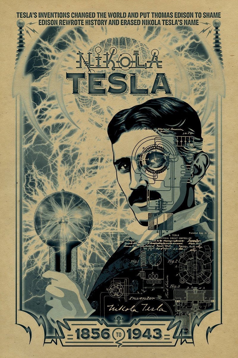 Nikola Tesla Poster. 12x18. Inventor. Thomas Edison. Historical Art. Ac/dc.  Kraft Paper. Knoxville. Tennessee. Art. 