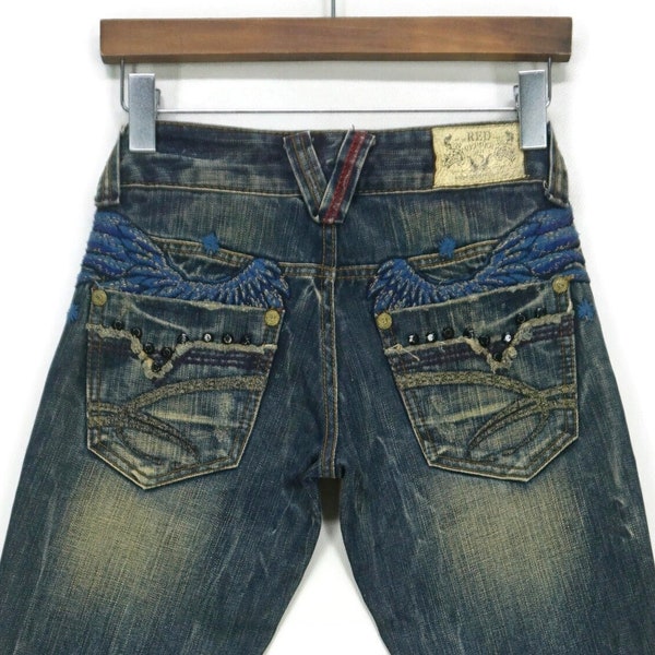 Red Pepper Japan Bootcut Flare Stud verschönern Flügel Bestickte Jeans Workwear Latzhose Hose Größe 24 B29xL30