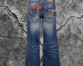 Riobera Japan Skinny Denim Flare Jeans Workwear Hickory Dungarees Low Rise Embroidered Pants Size 25 W25xL33