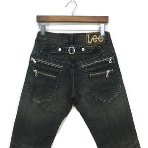 LEE Jeans Size 28 W31xL27.5 Lee Multi Zipper Denim Jeans Lee Cowboy Hickory Workwear Rodeo Jeans Dungarees Buckle Back Tapered Ankle Pants