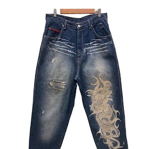 Top Town Jeans Size M W33xL28 Top Town Dragon Print Denim Jeans Top Town Japanese Traditional Sukajan Print Jeans Pants