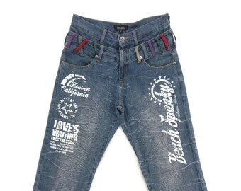 Double Waist Size 32 Nylaus Japan Punk Rock Spellout Print Jeans