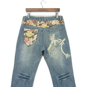 Japanese Jeans Size 88 W36xL33 Japanese Traditional Denim Jeans Japanese Distressed Abstract Floral Trimming Jeans Bamboo Prints