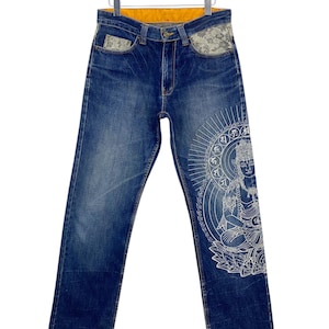 Japanese Jeans Size 30 W30xL31.5 Japanese Embroidered Denim Jeans Japanese Traditional Sukajan Floral Trimming Embellished Pant