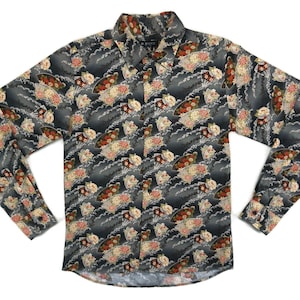 Japanese Floral Shirt Mens Size XS R Shock Tokyo Japan Button Down Shirt Japanese Full Print Floral Casual Shirt
