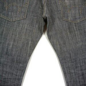 May include: A pair of dark grey denim jeans with a straight leg fit. The jeans have a classic five-pocket design with visible stitching.