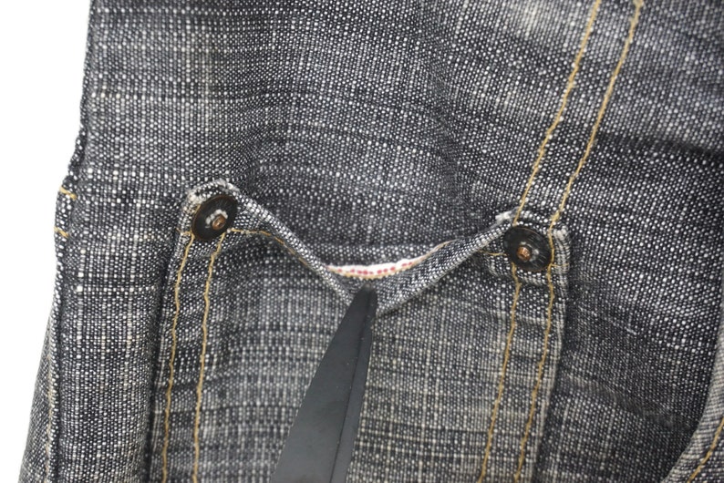 May include: Close-up of a pair of dark blue denim jeans with a textured weave. The jeans have a single back pocket with a button closure and a visible seam running down the side.