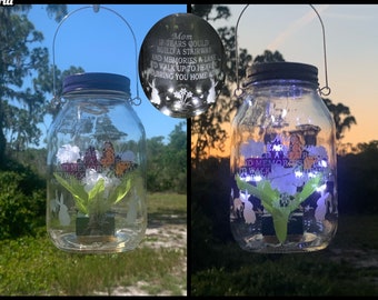 MEMORIAL GIFT, For Loss Of Mom, With Butterflies, Grave Lantern For Cemetery, With Flowers, Butterfly Memorial For Grave, With Solar Lights